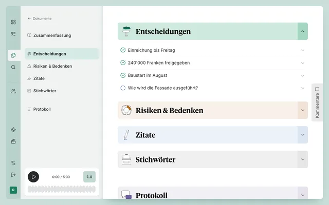Die Entscheidungen eines Meetings, jede öffnet sich zur Begründung.