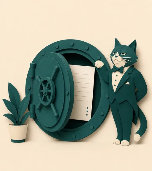 D Chatz, die readme-Katze, bewacht einen Papier-Banktresor mit einem Meeting-Dokument